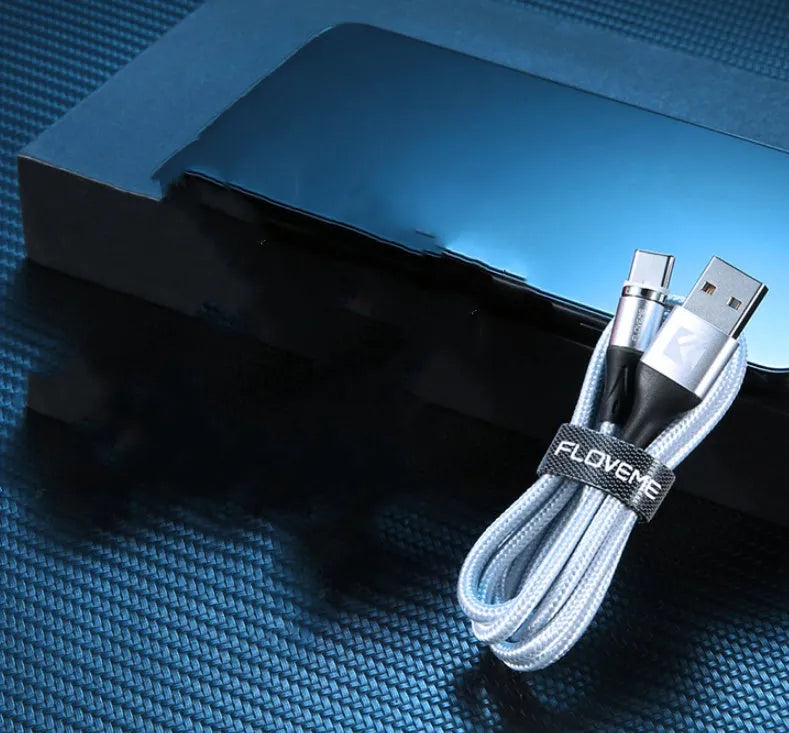 3A fast charge magnetic data cable with side light, showing Type-C connector and 3-in-1 heads for Apple and Android devices