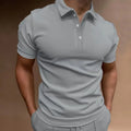 Men's loose fit button t-shirt in cotton blend fabric with spandex, showing seven colour options and button detailing