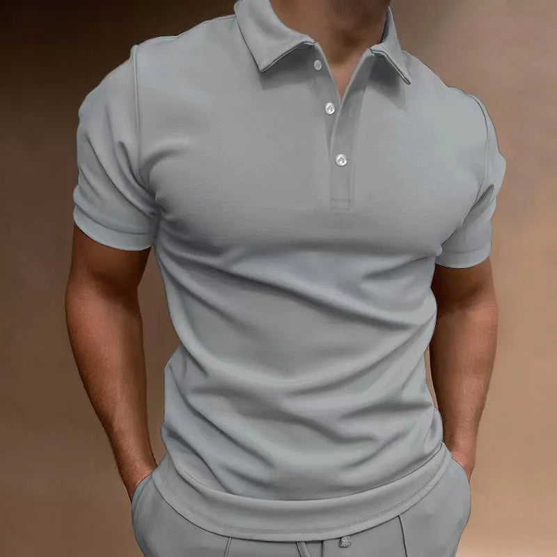 Men's loose fit button t-shirt in cotton blend fabric with spandex, showing seven colour options and button detailing