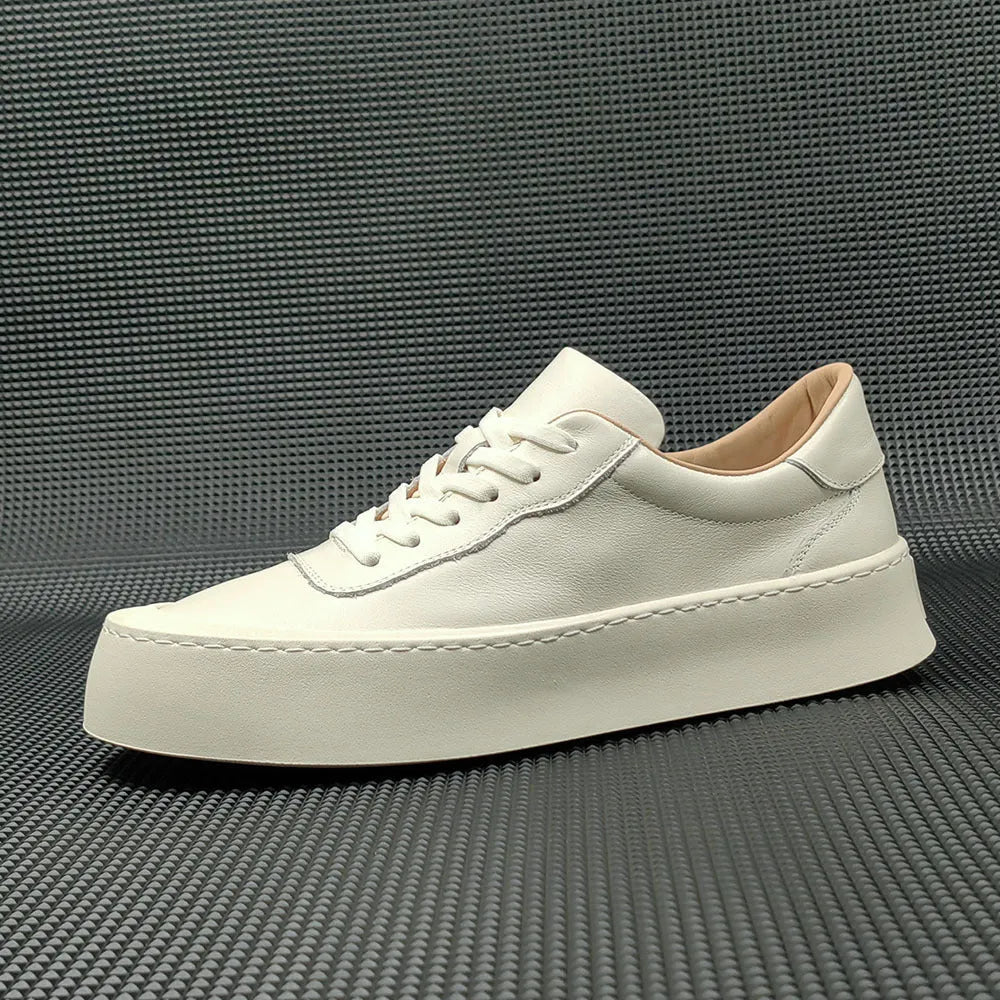 Boys black platform board shoes with cowhide upper and thick rubber sole