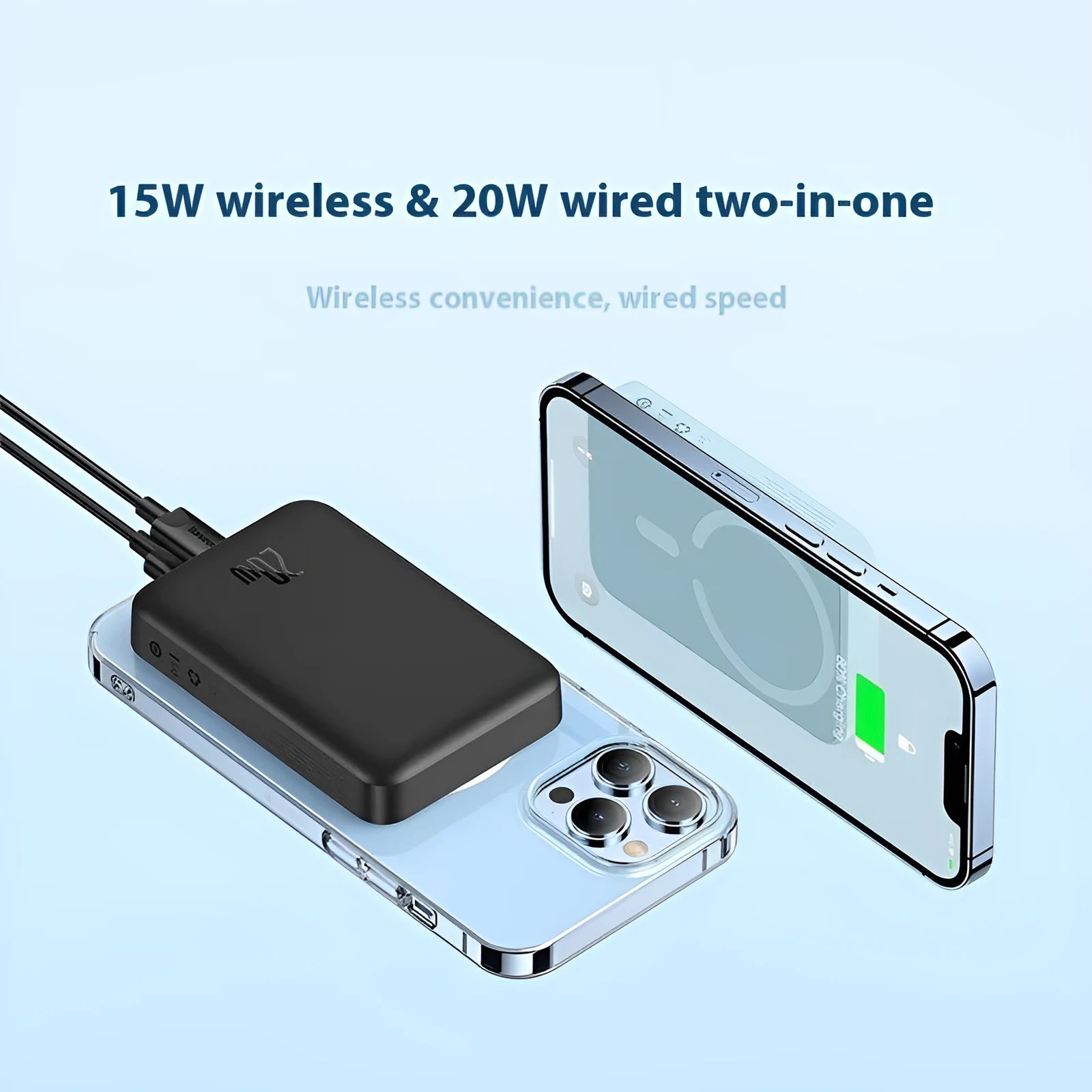 Magnetic wireless power bank in silicone case showing five colour options and compact size