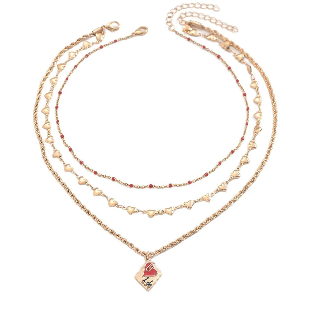 Geometric three-layer heart pendant on an adjustable zinc alloy clavicle chain necklace.