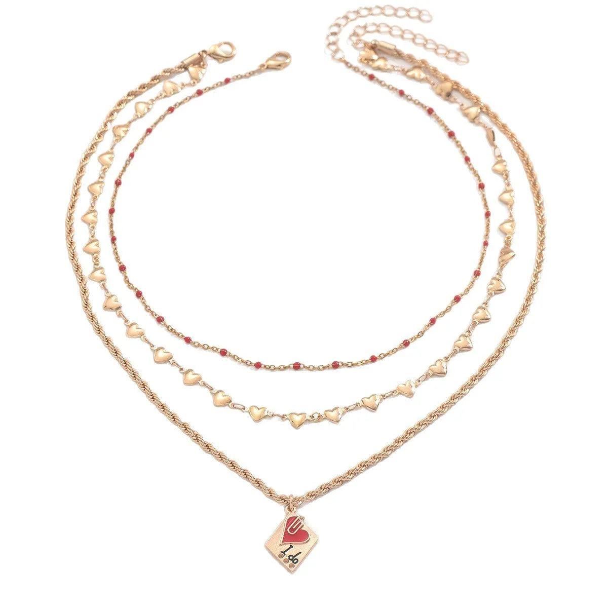 Geometric three-layer heart pendant on an adjustable zinc alloy clavicle chain necklace.