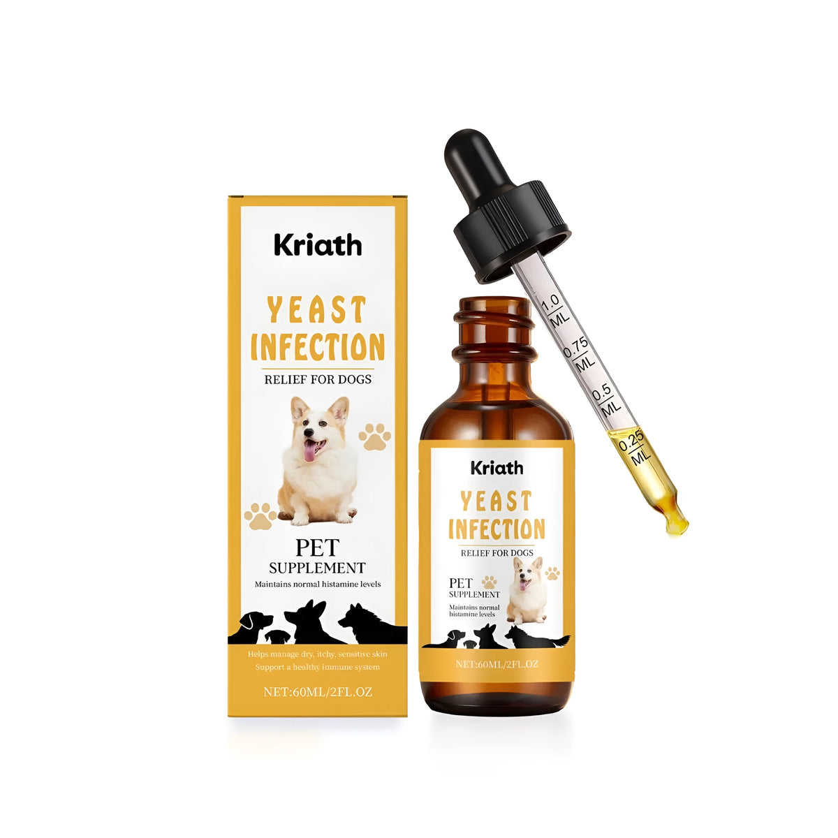 60ml dog skin support health drops bottle with Hypericum japonicum, marshmallow root, apple vinegar and ginger extracts