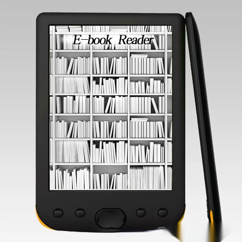 Black 6-inch E-ink screen e-book reader on a table.