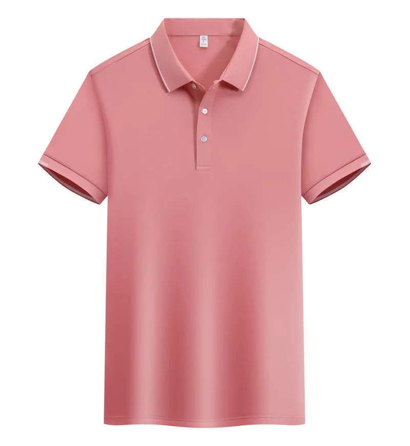 Men's apricot cotton blend loose polo shirt with a short sleeve and contrasting colour on the collar and lapel.