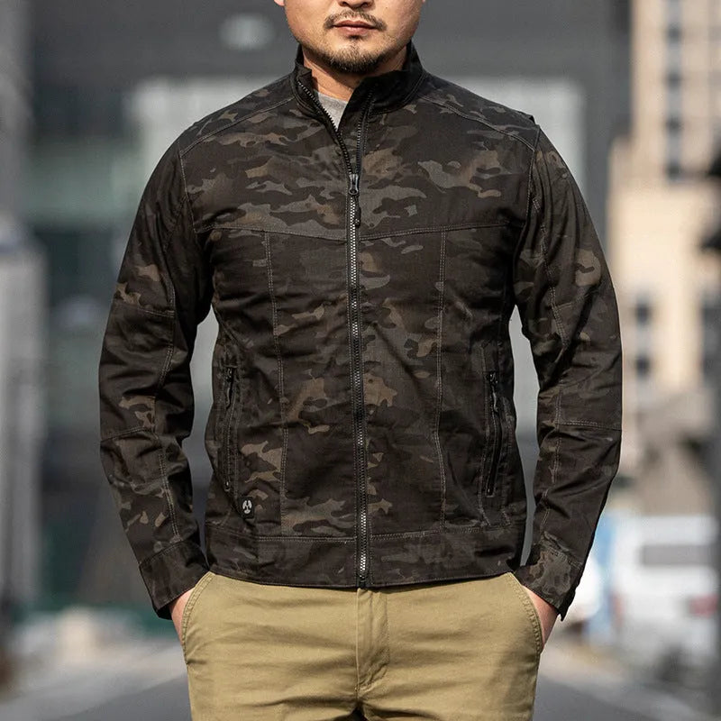 Men's brown plaid Outdoor Tactics Coat Assassin Jacket with camouflage pockets, made from wear-resistant polyester for three-season wear.