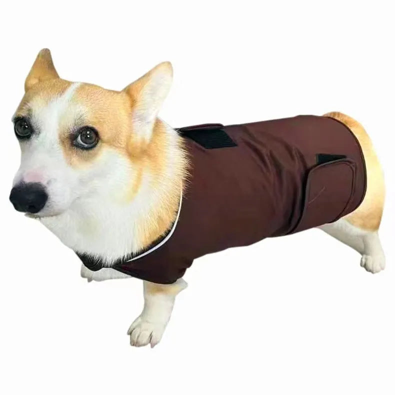 Dog wearing brown separation anxiety tank top made from brocade cotton fabric