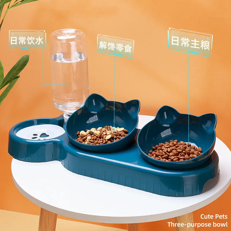 Three-bowl automatic pet drinking feeder with food basins and cervical spine support