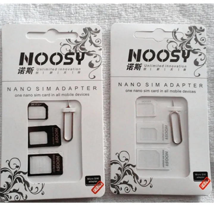 Three-piece SIM card adapter kit in black and white PC plastic for Standard, Micro, and Nano-SIM conversion.