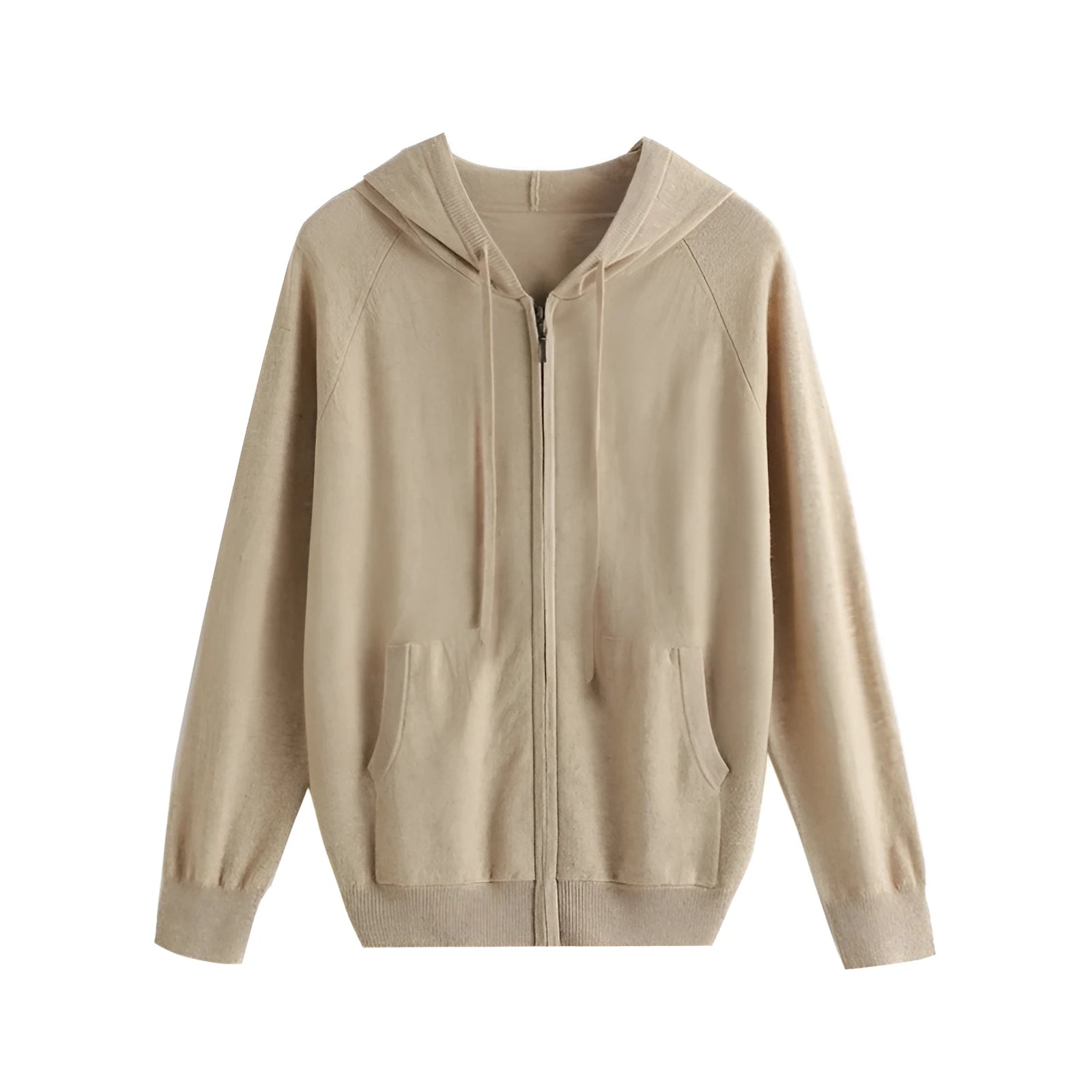 Man wearing a solid colour hooded cashmere knit cardigan with zipper front