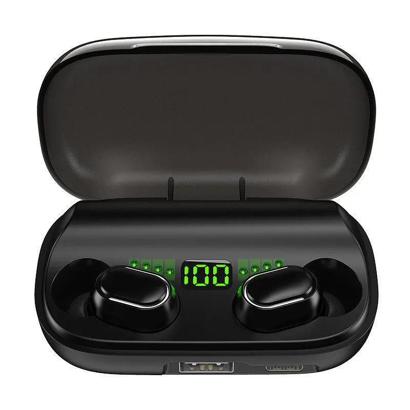 Black TWS digital display XT01 Bluetooth headphones with charging case showing white and blue indicator lights.