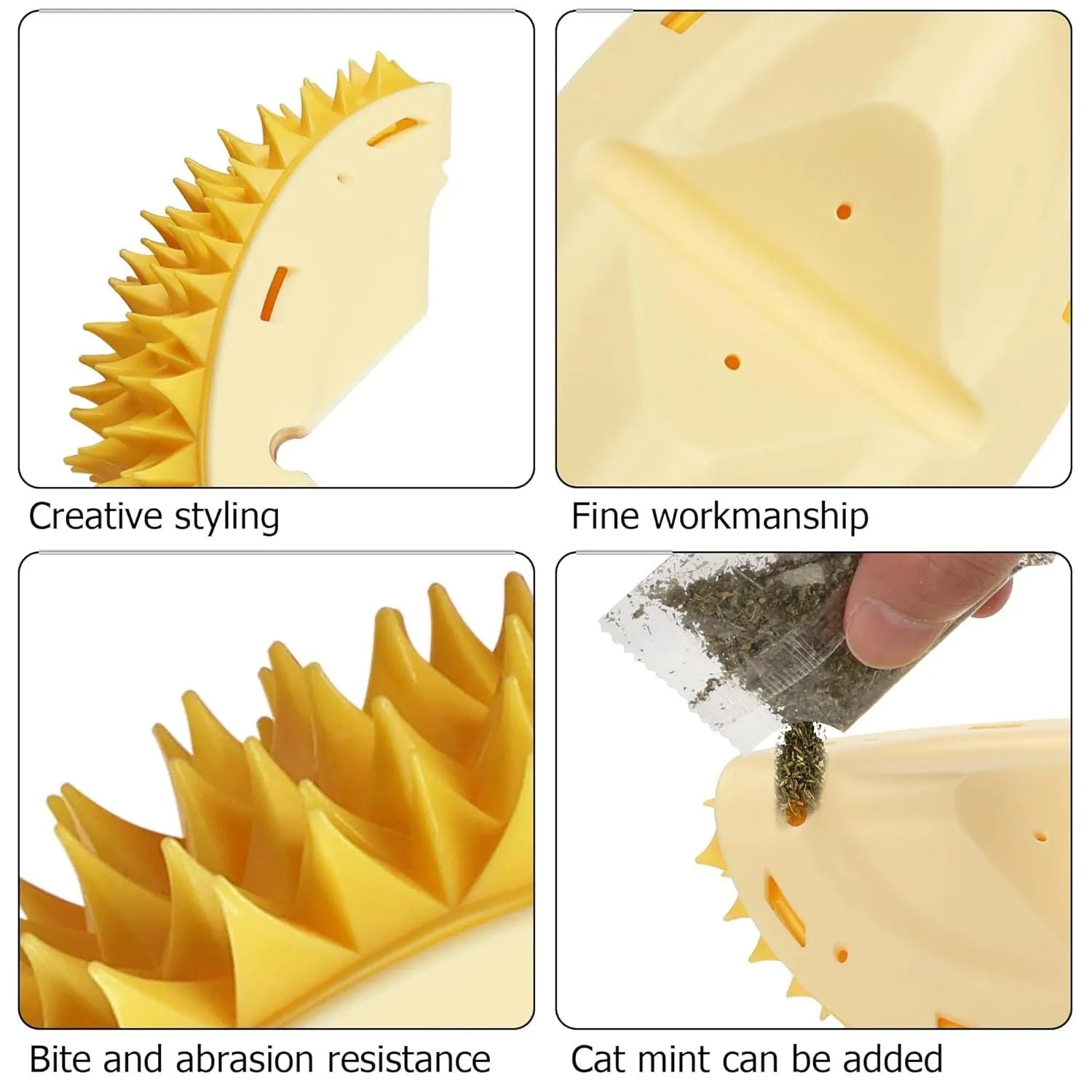 Yellow durian-shaped cat corner scratcher mounted on wall, measuring 21cm by 12cm by 7cm, with peppermint powder packet