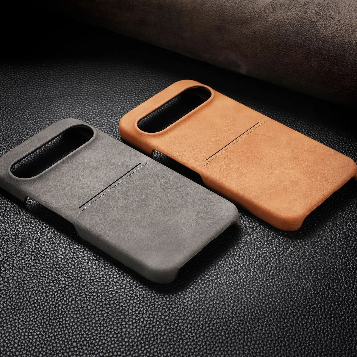 Google Pixel phone case in vintage sheepskin with hard PC shell, frosted finish and card-insertion slot