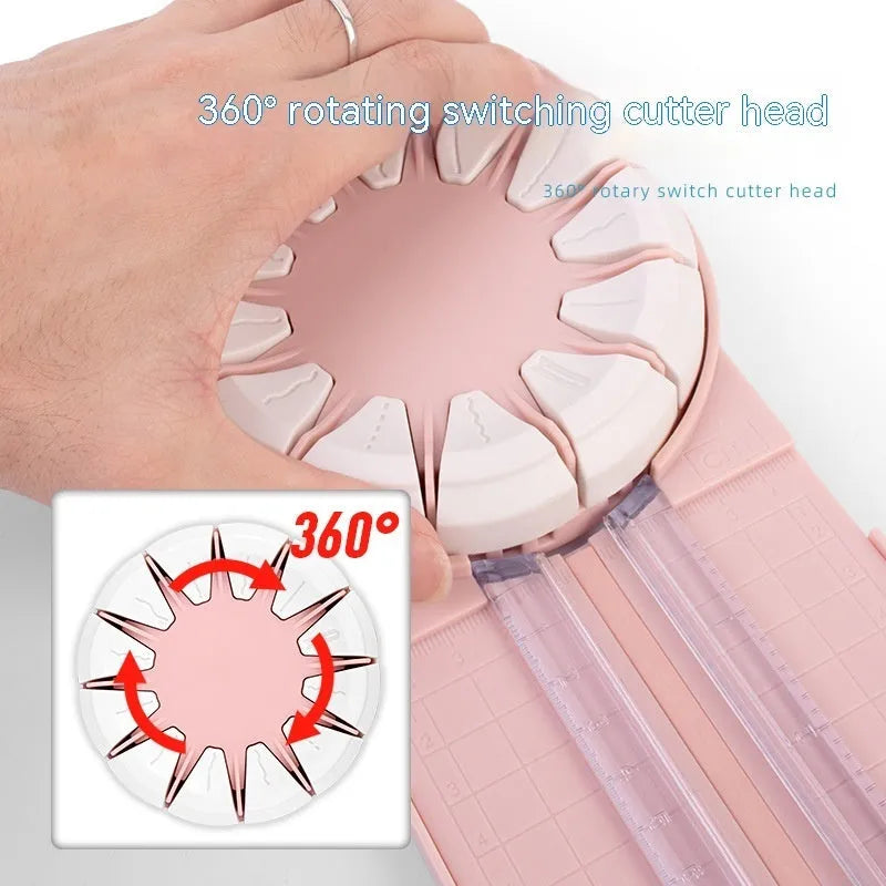 Pink and black 12-in-1 paper cutter with dotted plastic surface measuring 46.2cm