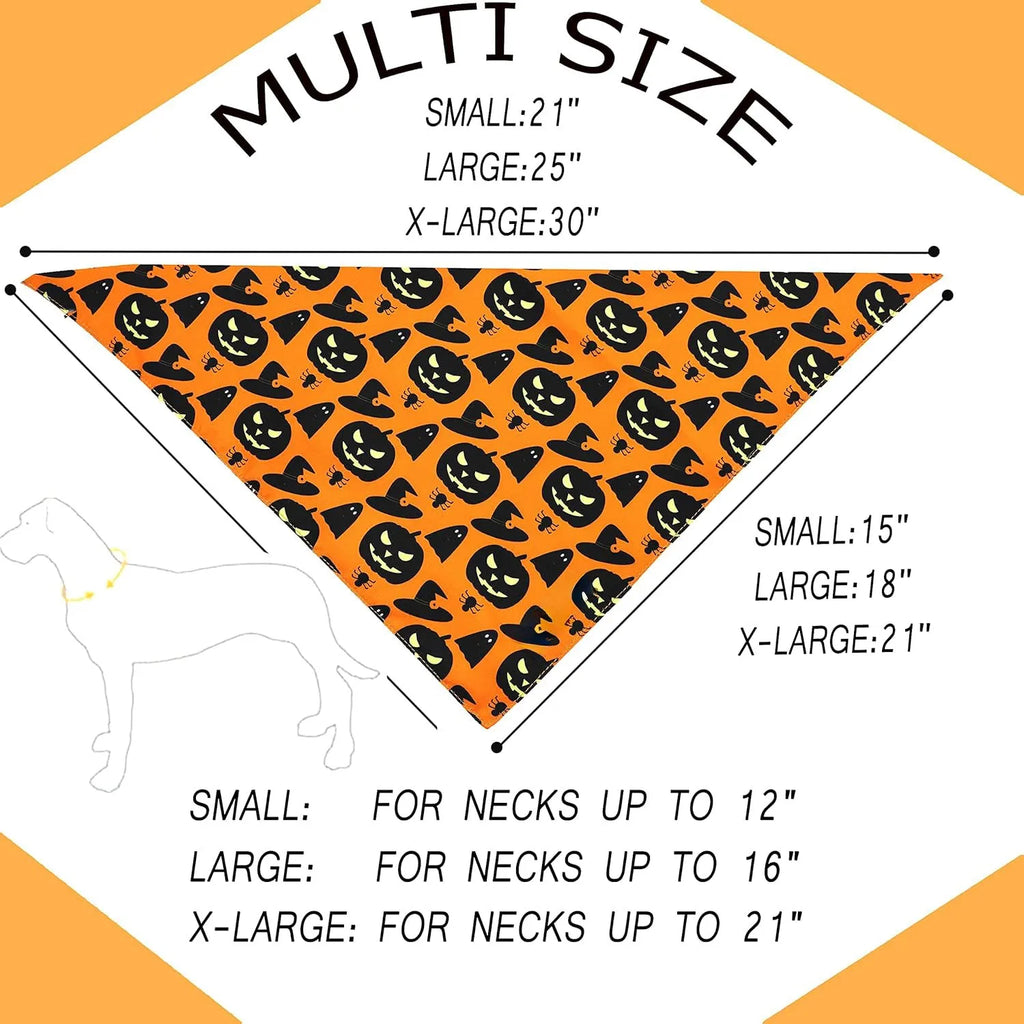 Black and orange reversible Halloween dog bandana with pumpkin and spider web patterns, shown on a dog's neck.