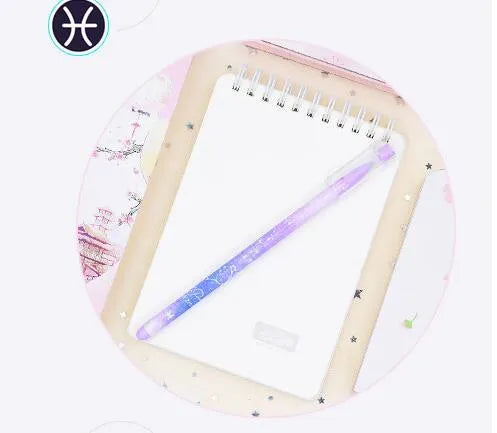 Box containing 12 constellation-themed plastic gel pens with quick-drying ink