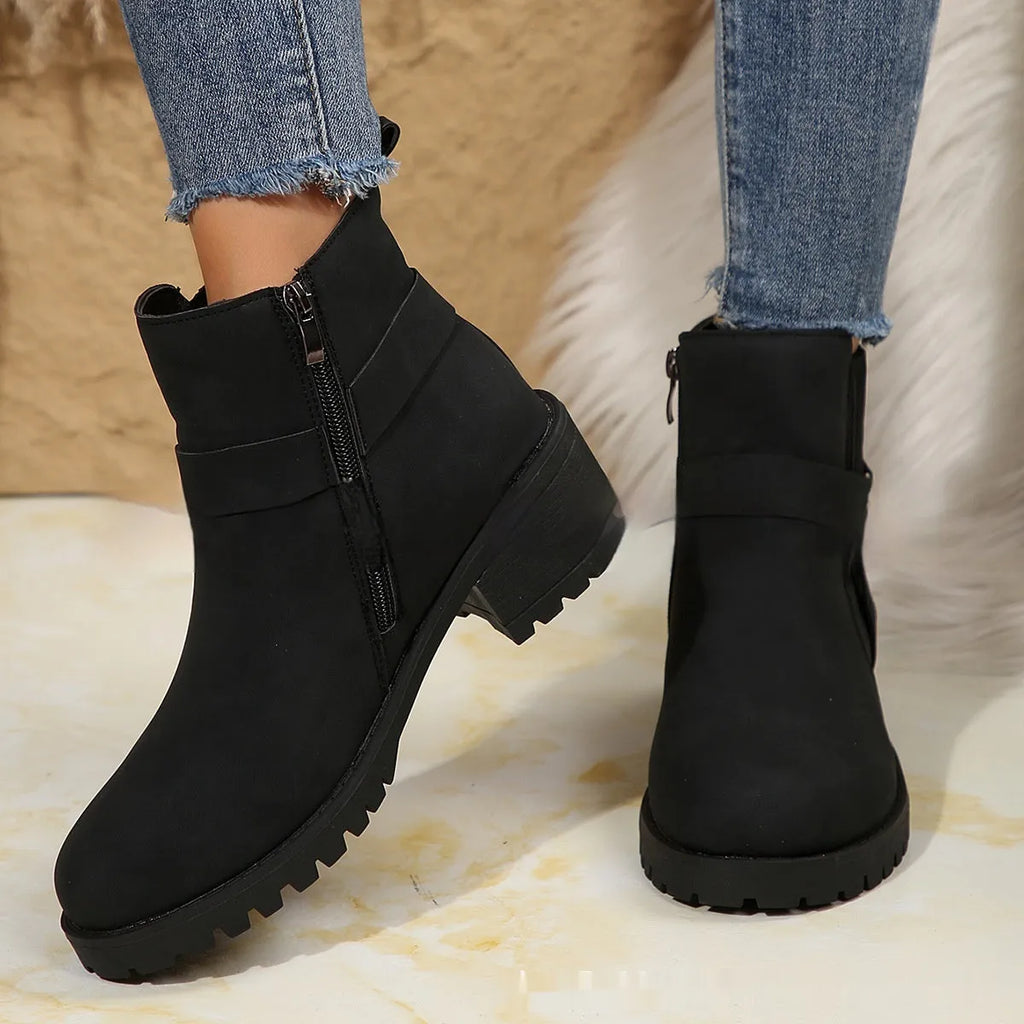 Women's ankle boots with belt buckle and elastic band, artificial PU, sizes 36-43, multiple colours