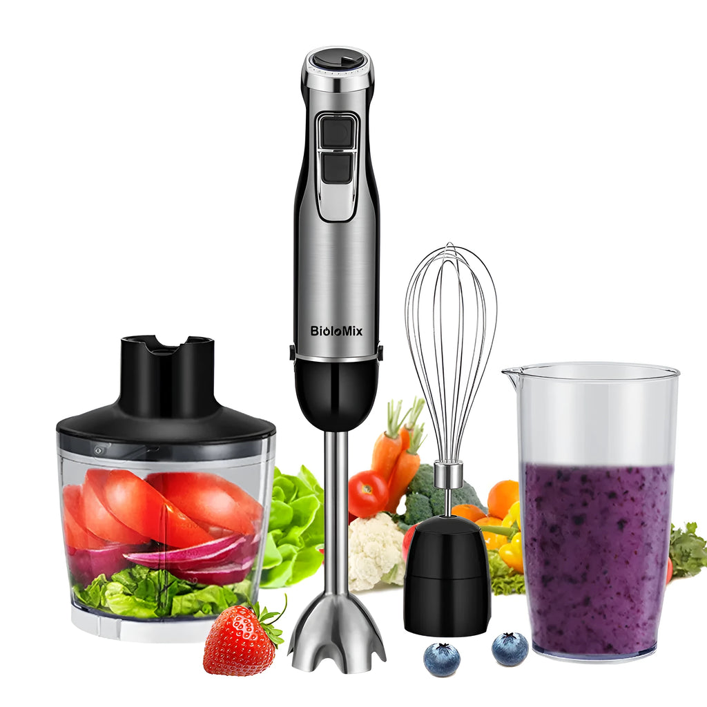 Biolomix silver hand blender with stainless steel attachments including whisk, chopper bowl, and blending beaker