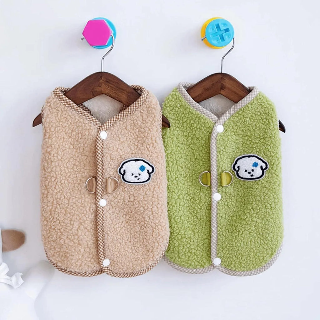 Green coral fleece dog vest with leash ring for small pets in autumn and winter