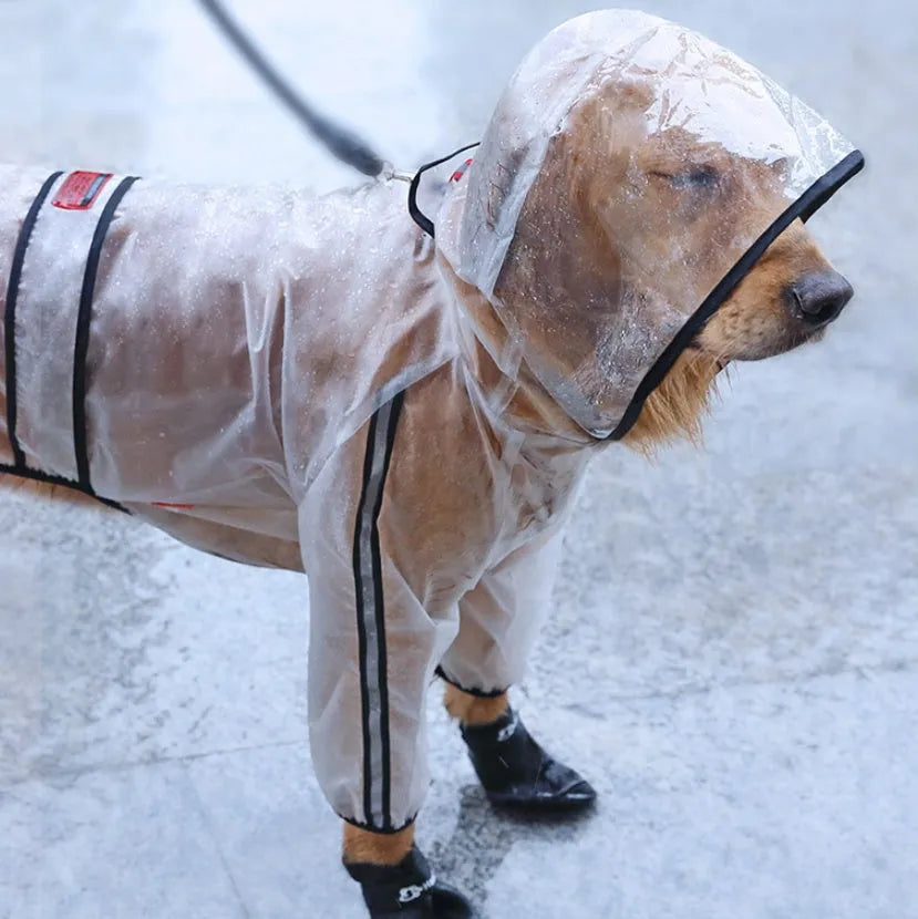Transparent waterproof large dog raincoat made from raincoat cloth and TPU material, sizes XS to 7XL