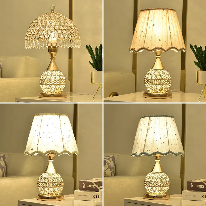 Crystal desk lamp with iron art base in gold finish measuring 29x29x30cm