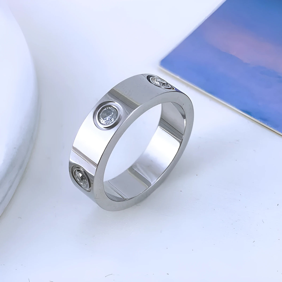 Titanium steel couple ring with six rhinestones, unisex sizes 5-11, gold rose gold or silver, 4mm 5mm 6mm band