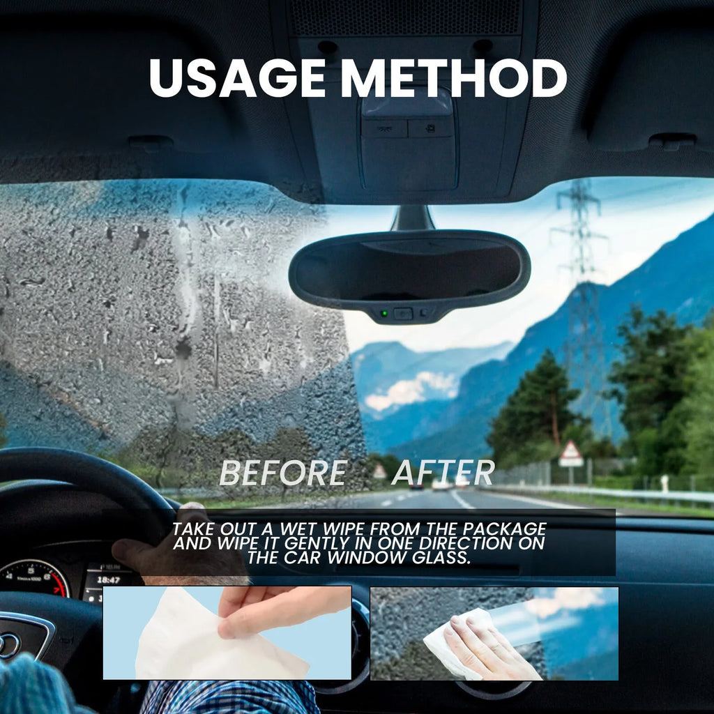 Pack of 40 car anti-fog and anti-rain treatment wipes with water-based resin on non-woven fabric.