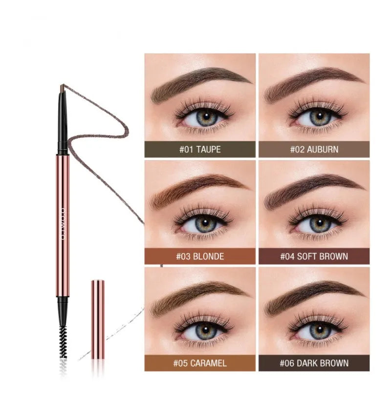 Eyebrow pencil with 0.7cm diameter, 15.5cm length, six colour options in colour box packaging.