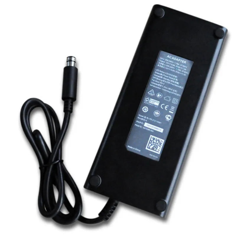 Black XBOX 360E AC power adapter with cable, compatible with multi-region consoles.