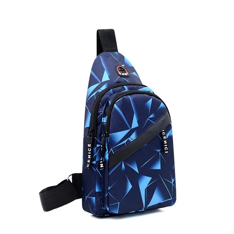Men's crossbody chest sling bag in blue with earphone hole, zipper pockets, and soft handle, measuring 17x30x5cm