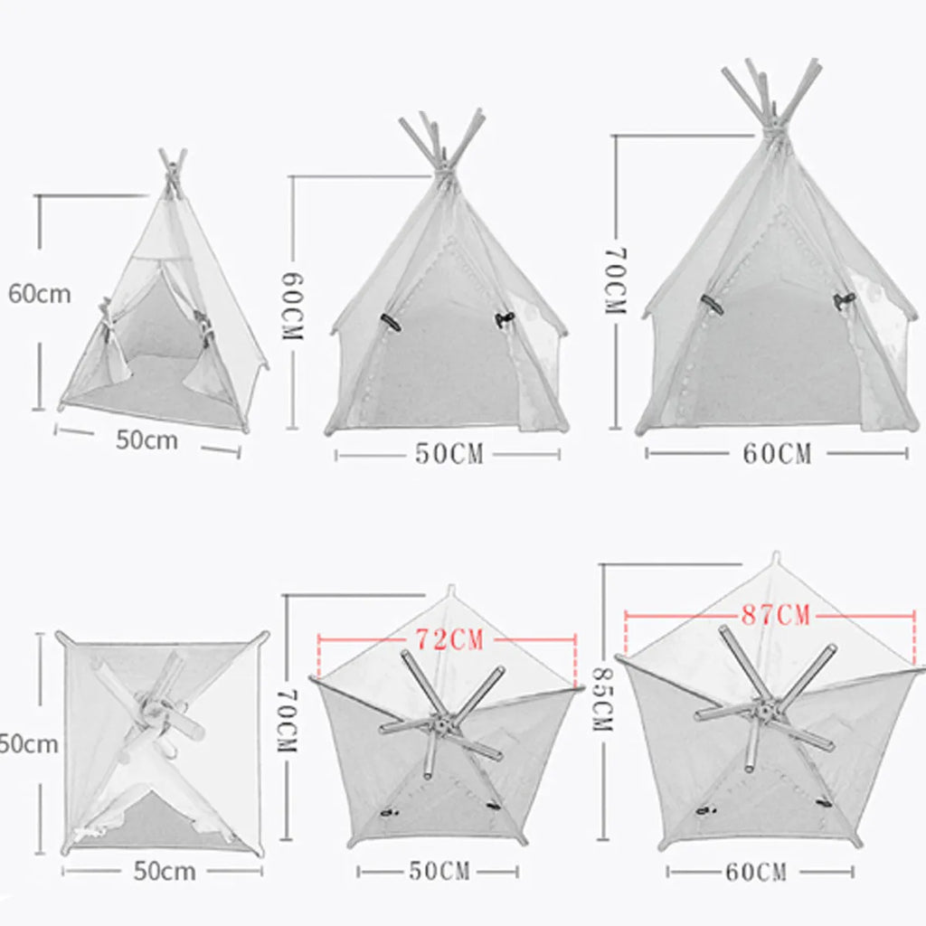 White striped pet teepee tent with removable cushion for small dogs and cats indoors