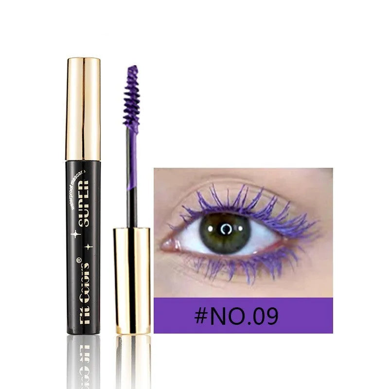 Colourful mascara tube with display showing 12 shade options including wine red, gold, purple and blue.