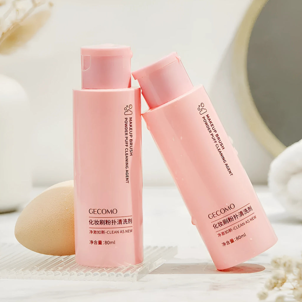 Makeup brush cleaner set showing 80ml detergent bottle and 75ml wash-free spray for beauty tools