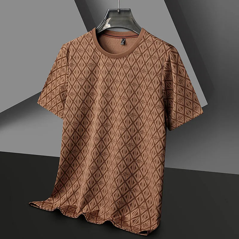 Men's round neck loose-fit jacquard short sleeve shirt in ice silk fabric