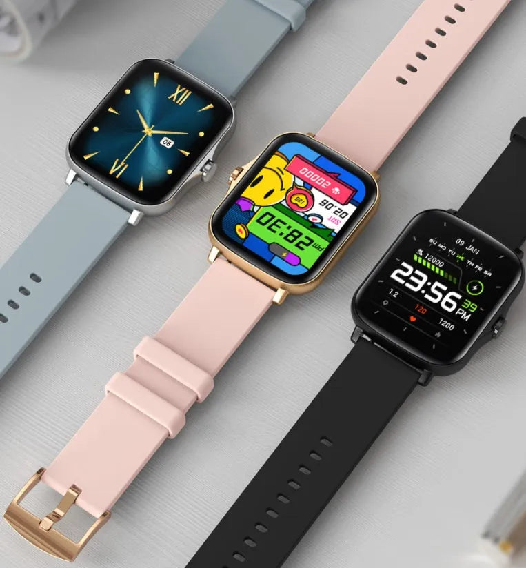 Smart watch with 1.7-inch blue touch screen on adjustable strap, showing heart rate and time display