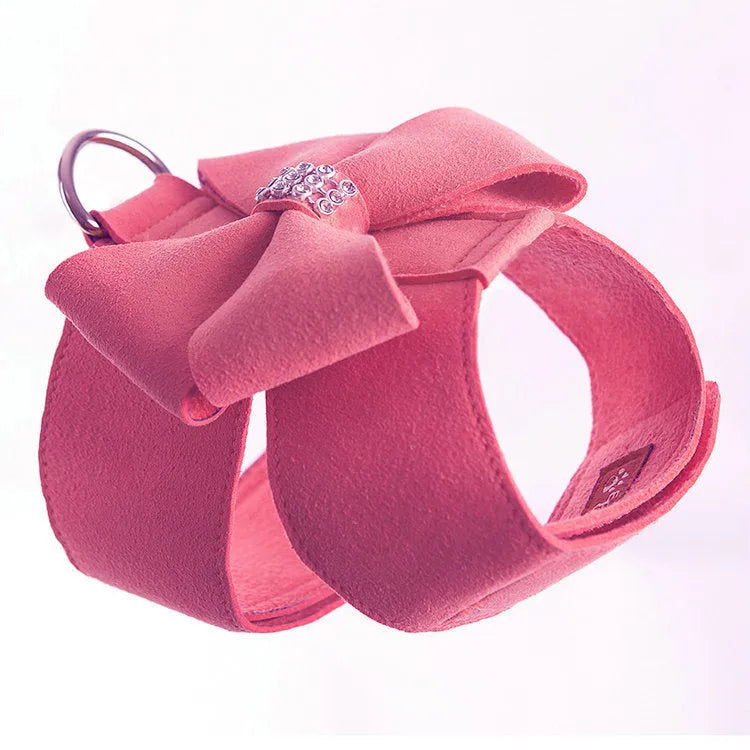Pink bowknot puppy chest strap made of microfiber, adjustable for small dogs