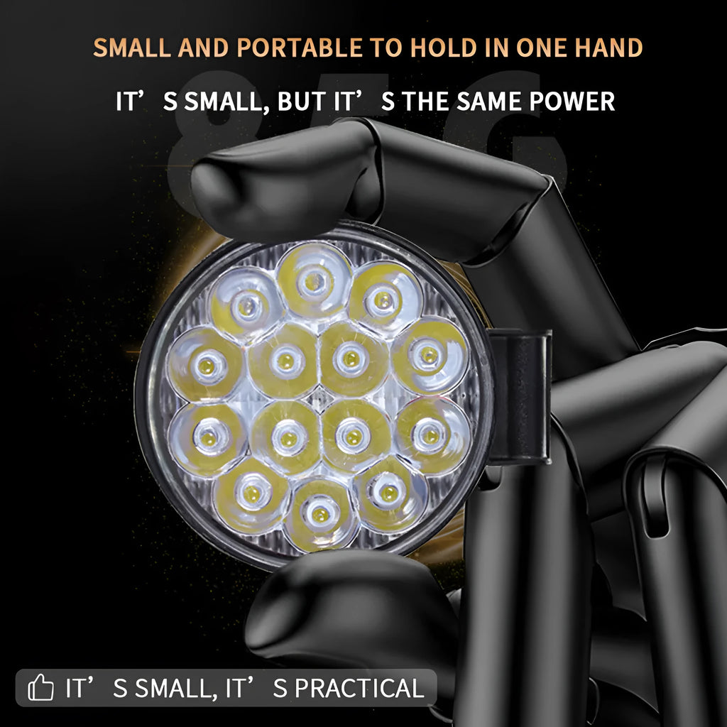 White mini round aluminium LED work light with IP67 rating for vehicle use.
