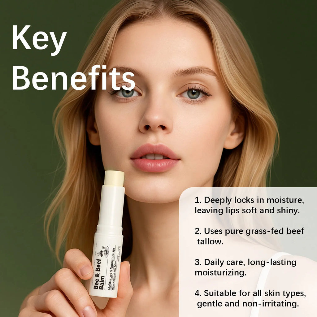 Beef fat lip balm tube measuring 83x19mm with organic grass-fed butter formulation