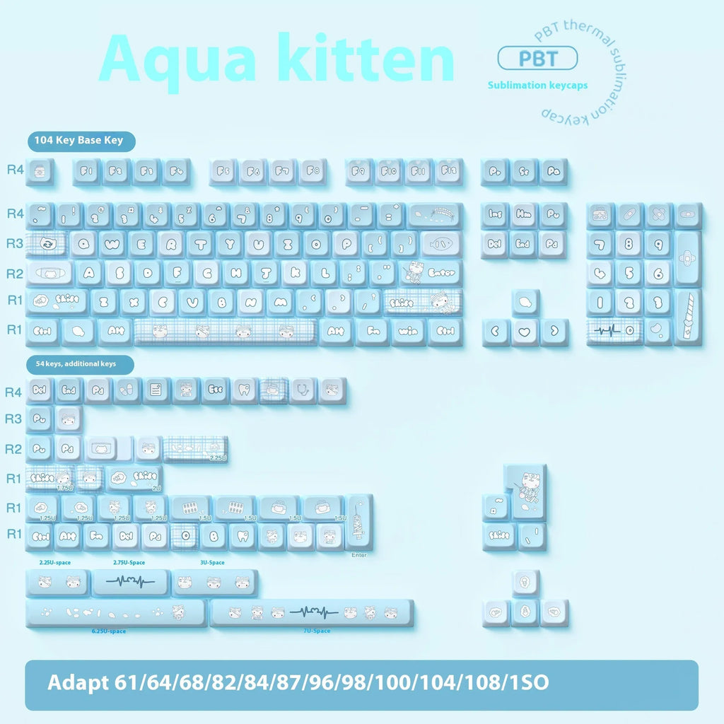 Watercolour kitten custom keycap set with sublimation printing on PTB plastic, showing 138 or 158 keys with opaque legends