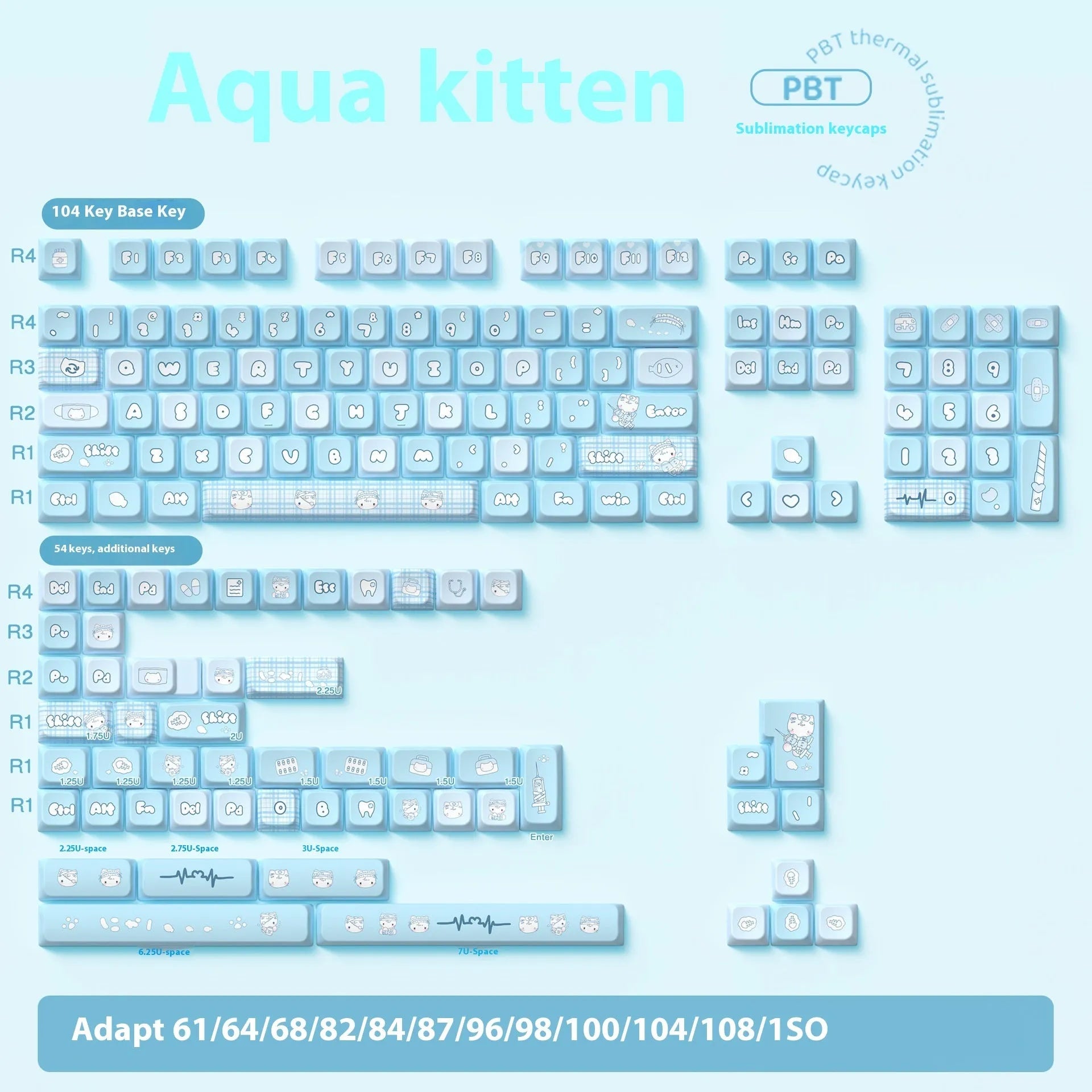 Watercolour kitten custom keycap set with sublimation printing on PTB plastic, showing 138 or 158 keys with opaque legends