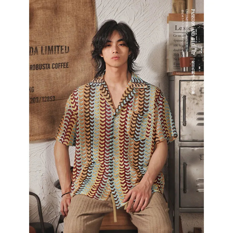 Japanese style Cuban collar short sleeve shirt with jacquard pattern in gray colour
