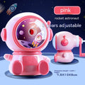Astronaut-themed manual pencil sharpener in blue or pink with adjustable sharpening settings