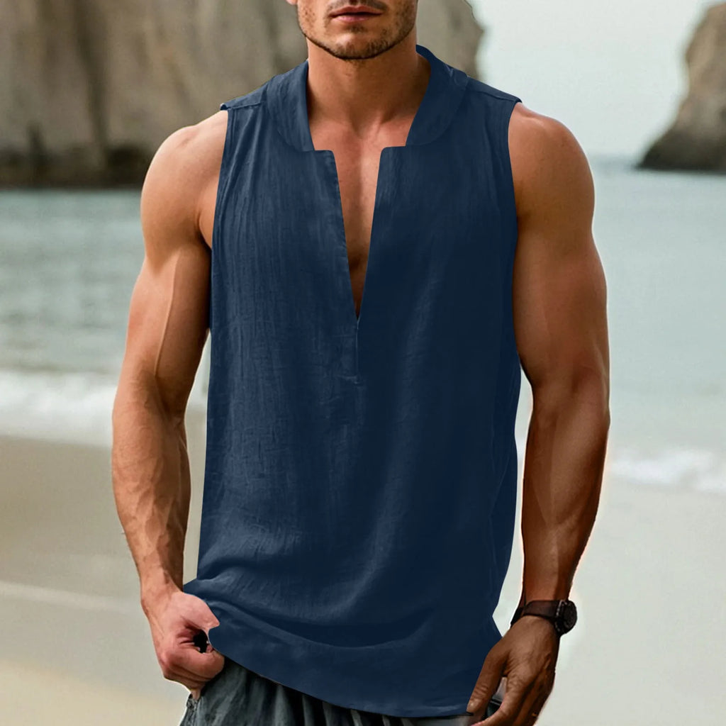 Men's sleeveless cotton linen shirt in mint green with non-ironing treatment, showing casual style and fabric texture
