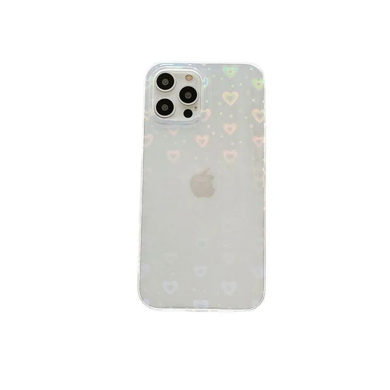 Laser-etched love design on transparent silicone iPhone case showing precise port cutouts