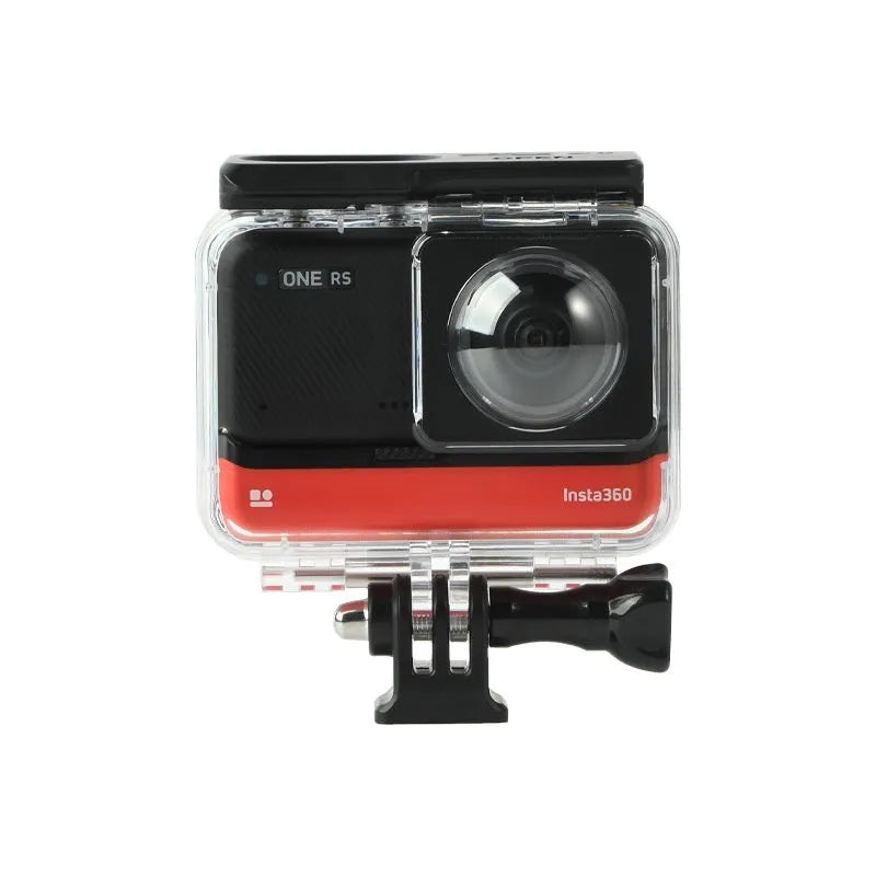 Transparent Insta360 One RS waterproof case measuring 9x8x4.5cm with dual lens protective cover