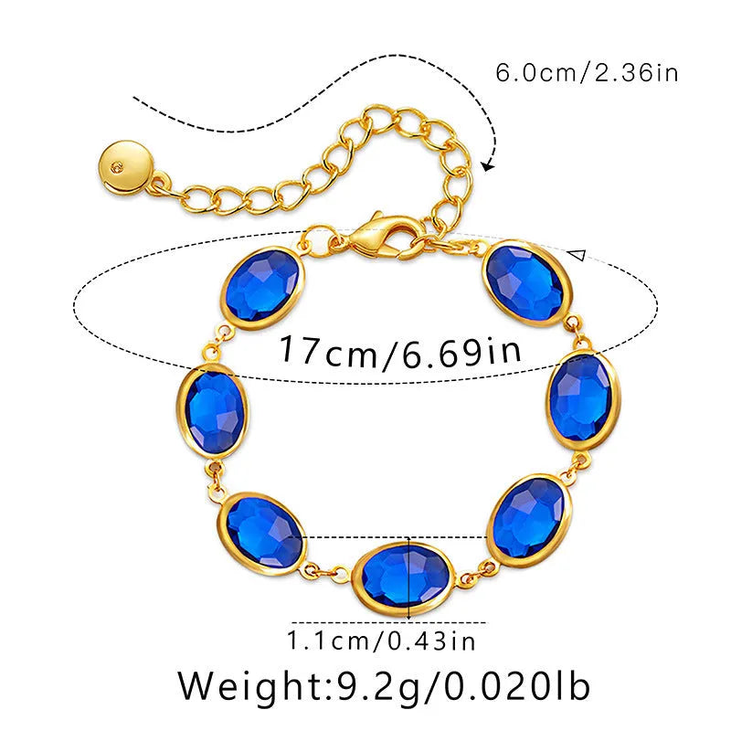 Geometric copper bracelet with blue inlaid glass elliptical design for women.