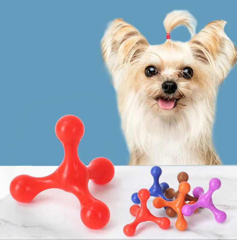 Blue three-legged silicone teething toy for puppies measuring 9.5cm with beef flavour coating
