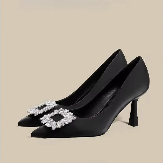 Women's creamy-white French pointed stiletto high heels with 3-5cm mid heel