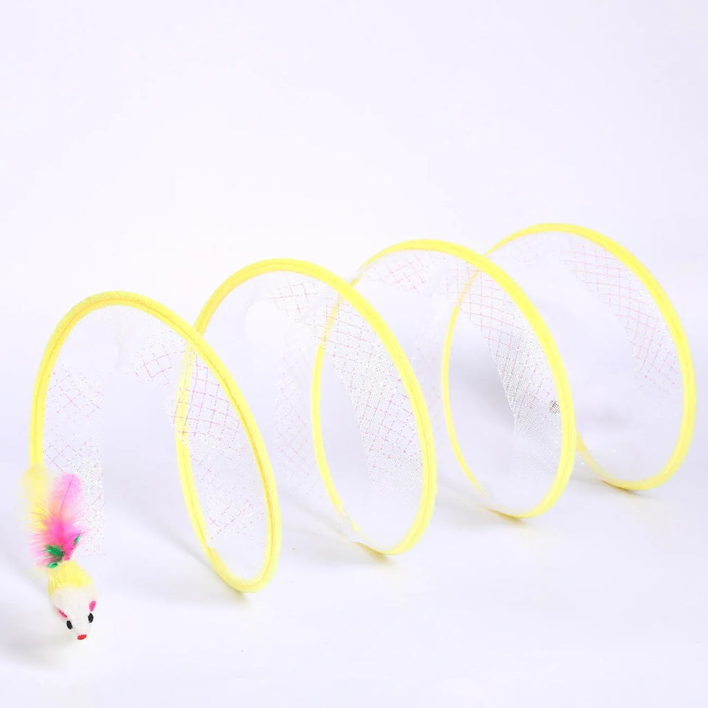 S-type cat tunnel toy with steel wire frame and elastic net fabric featuring feather stimulation elements